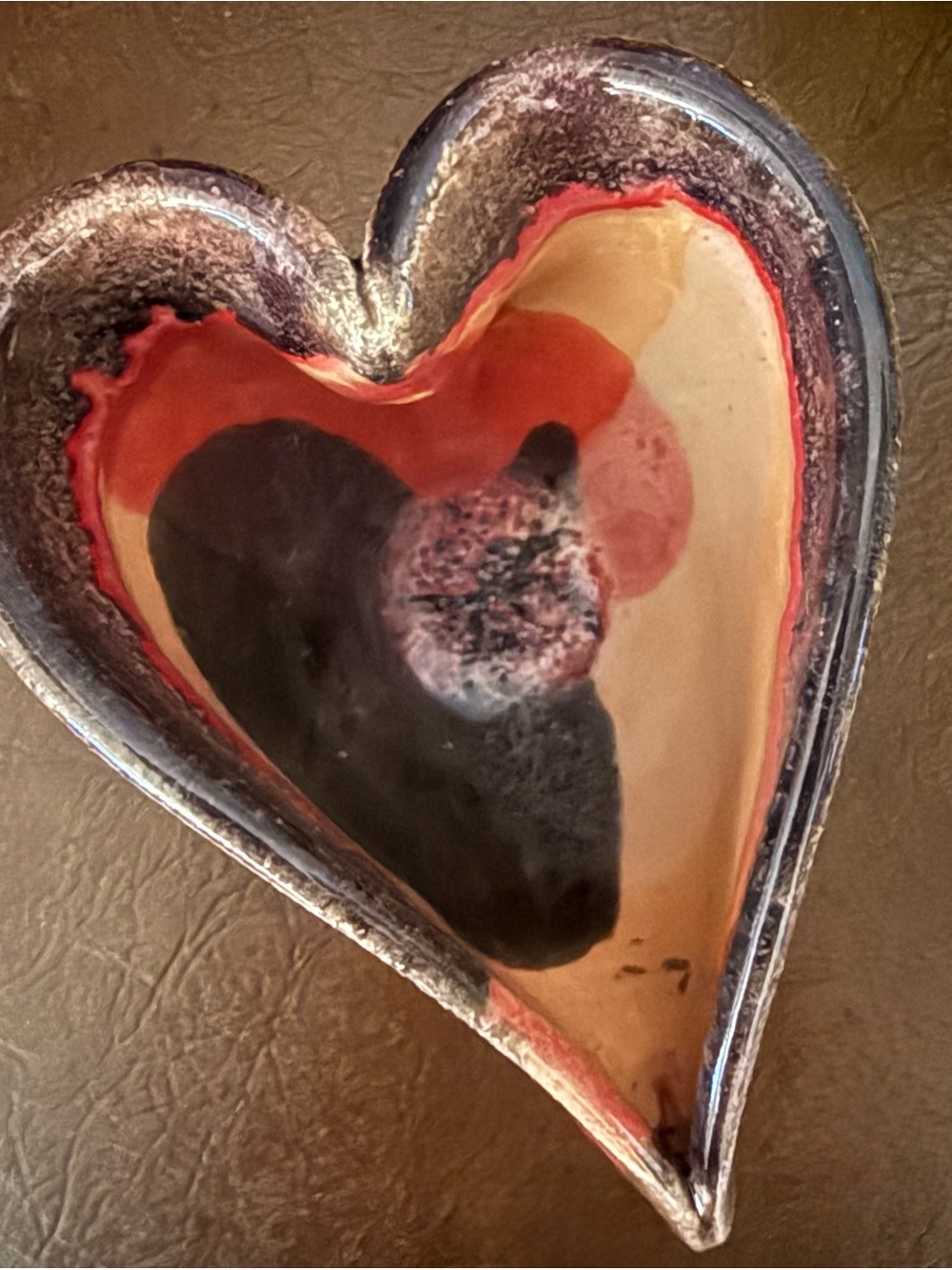 Lisa Howe Stoneware Red Brown Pottery Heart Shaped Bowl Trinket Dish Handmade